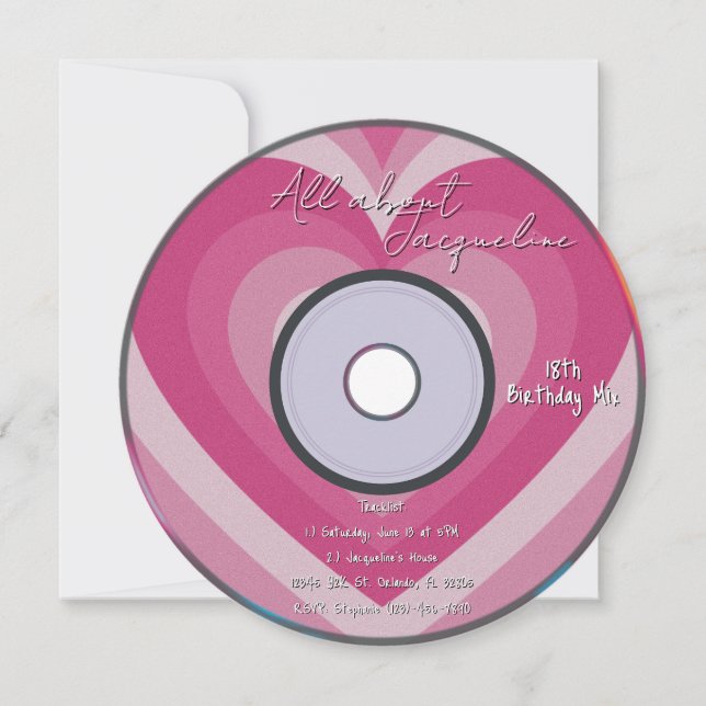 Rosa 2000-tal Aura Hearts Musik CD Födelsedag Inbjudningar (Framsida)