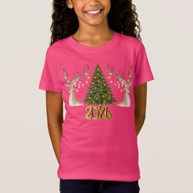 Rosa 2026 ren jul t-shirt för barn (Framsida)