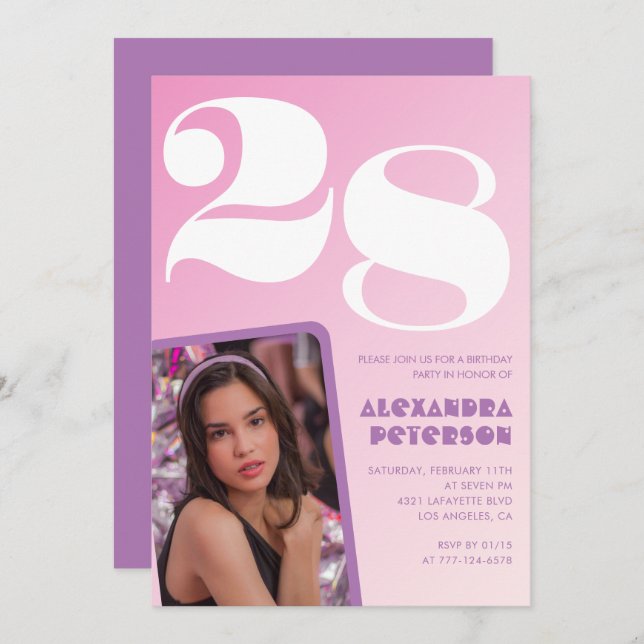 Rosa 28-årsinbjudningar Retro Photo Inbjudningar (Fram/baksida)