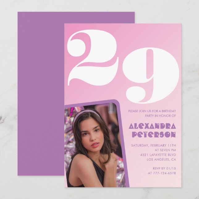 Rosa 29-årsinbjudningar Retro Photo Inbjudningar (Fram/baksida)