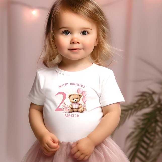 Rosa 2:a födelsedag Flicka Småbarn T-shirt (Pink 2nd Bear Birthday Girl Toddler T-shirt)