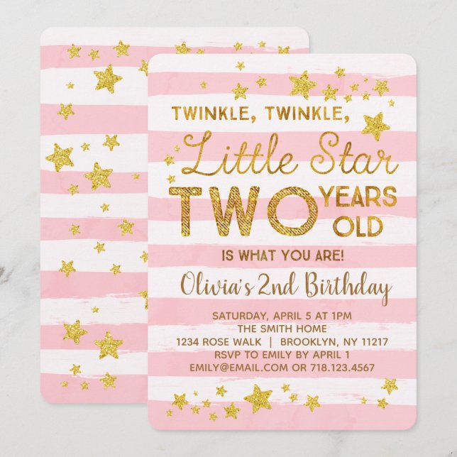 Rosa 2:a födelsedagsinbjudan Twinkle Little Star Inbjudningar (Fram/baksida)