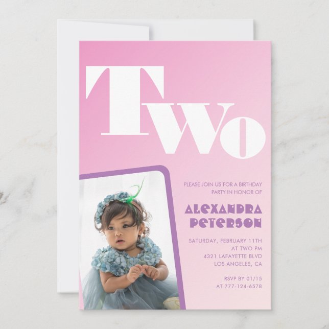 Rosa 2-års inbjudningskort för flickor Retro foto (Framsida)