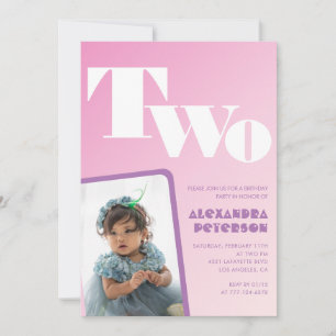 Rosa 2-års inbjudningskort för flickor Retro foto