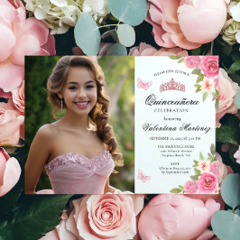 Rosa 2 Photo Blommigt Quinceanera Inbjudningar