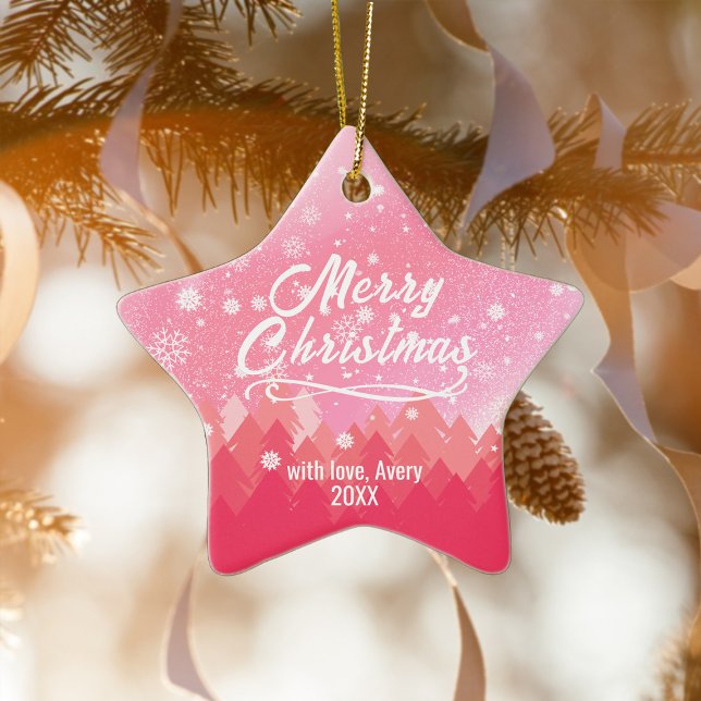 Rosa 2-sidig, fredlig julstjärna i Snö Julgransprydnad Keramik (Skapare uppladdad)