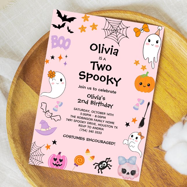 Rosa 2 Spooky Cute Ghost Halloween 2:a födelsedage Inbjudningar (Pink Two Spooky Cute Ghost Halloween 2nd Birthday Invitation )