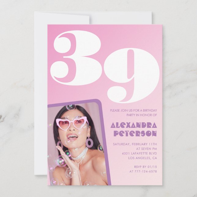 Rosa 39-årsinbjudningar Retro Photo Inbjudningar (Framsida)