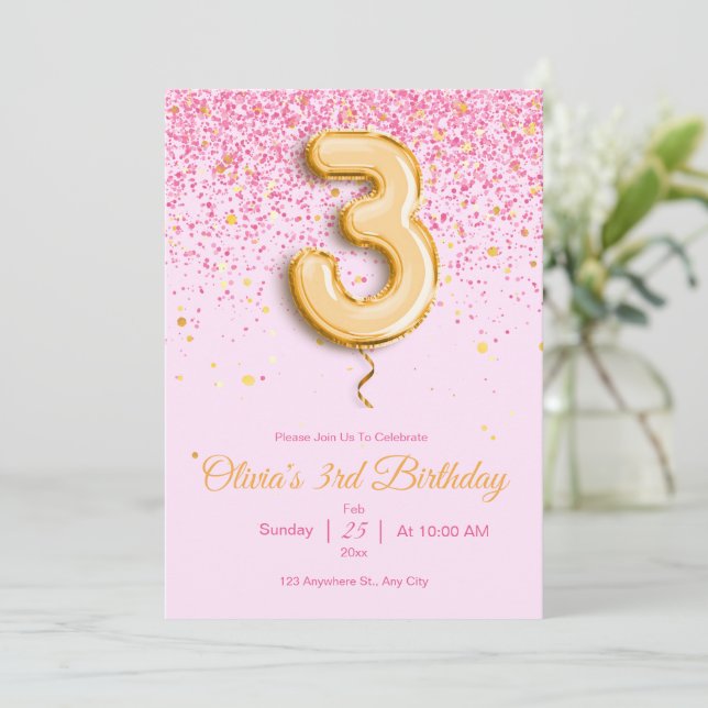 Rosa 3-års födelsedagsinbjudan Glitter flicka Föde Inbjudningar (Stående Fram)
