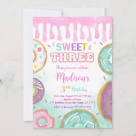 Rosa 3:e födelsedagen Donut Party Inbjudningar