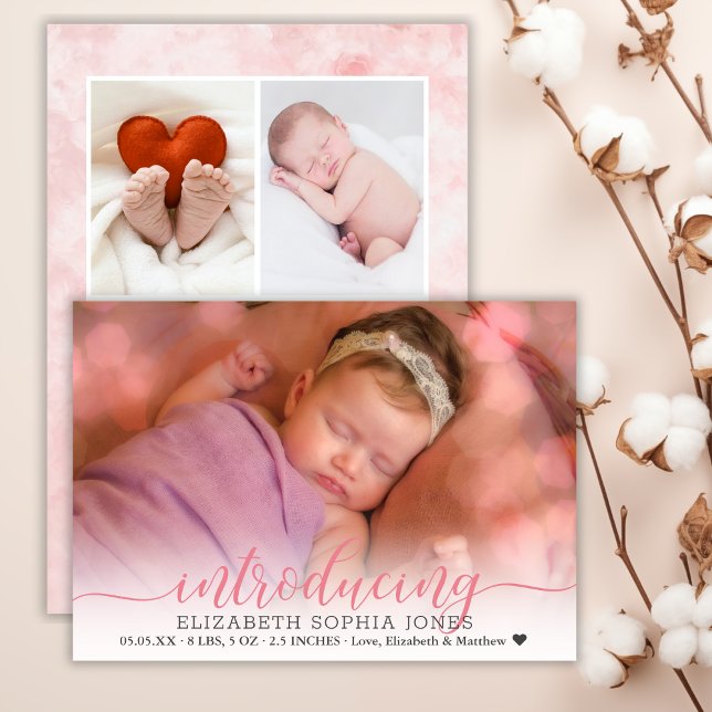 Rosa 3 Fotokollage Birth Announcement Card Meddelande (Skapare uppladdad)
