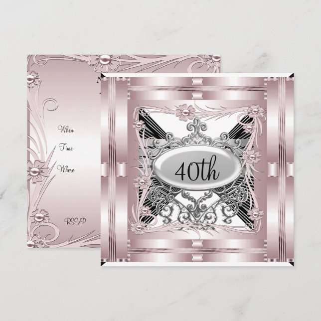 Rosa 40-års födelsedagsfest inbjudan för alla till (Fram/baksida)