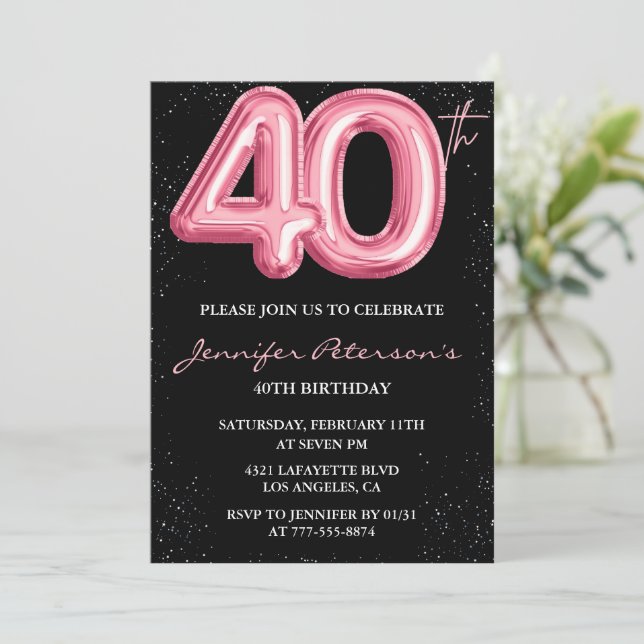 Rosa 40-års inbjudningskort Ballong Glam Svart (Stående Fram)