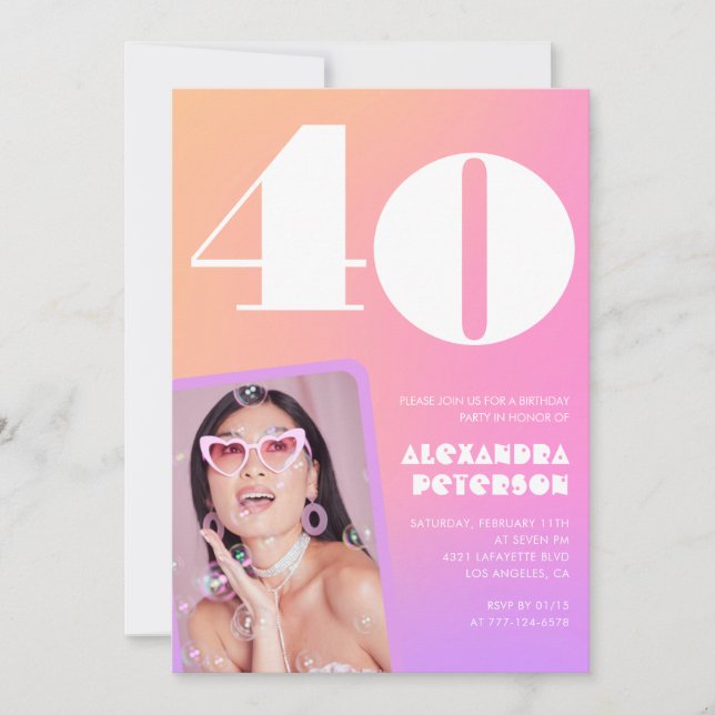 Rosa 40-års inbjudningskort Retro foto (Framsida)