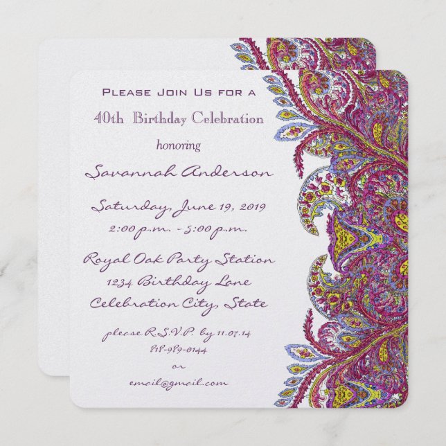 Rosa 40:e inbjudan till födelsedagspartiet (Fram/baksida)