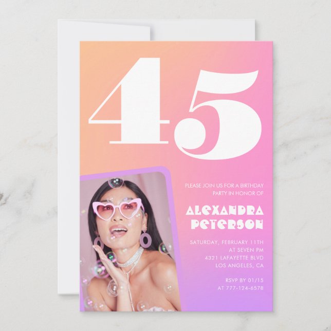 Rosa 45-årsinbjudningar Retro Photo Inbjudningar (Framsida)