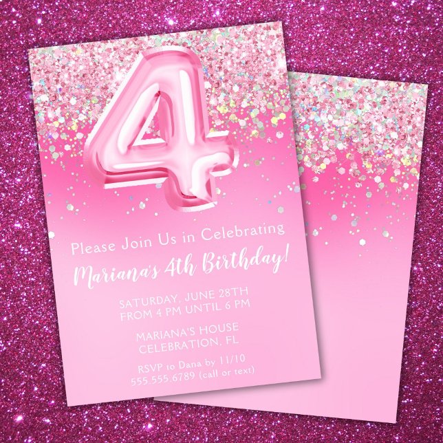 Rosa 4-års inbjudan för flickor med rosa glitter (Skapare uppladdad)
