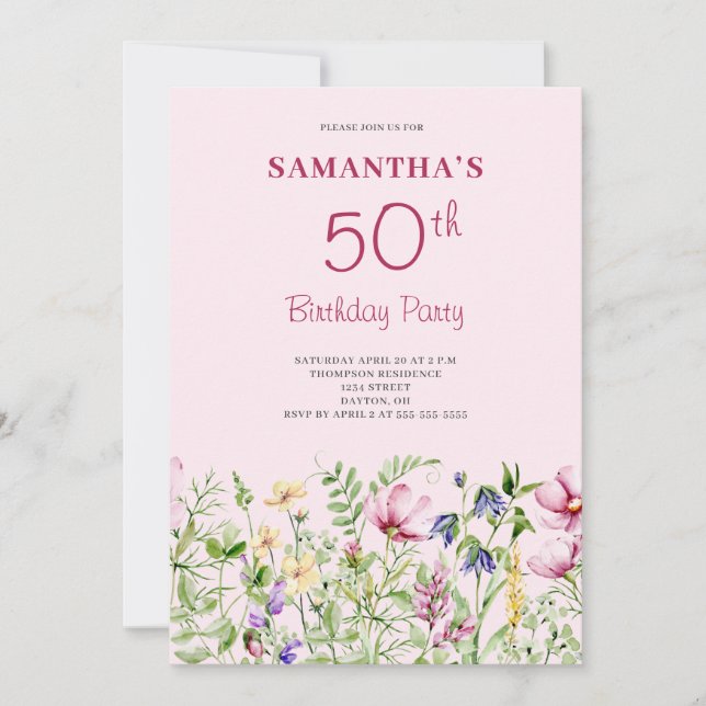 Rosa 50-års födelsedagsblomma inbjudningar (Framsida)