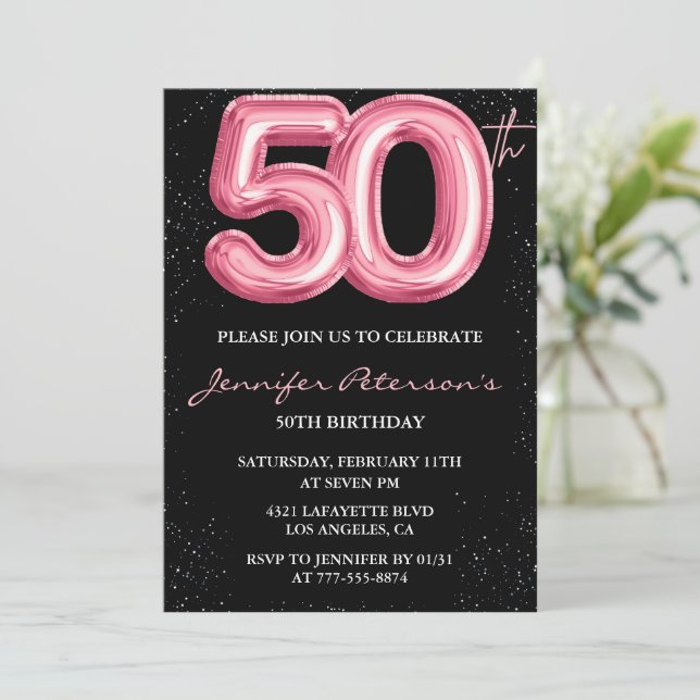 Rosa 50-års inbjudningskort Ballong Glam Svart (Stående Fram)