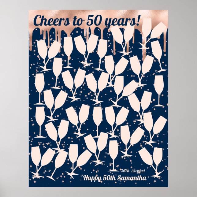 Rosa 50-årsfirande Gästbok - Skål för 50 år Poster (Framsidan)