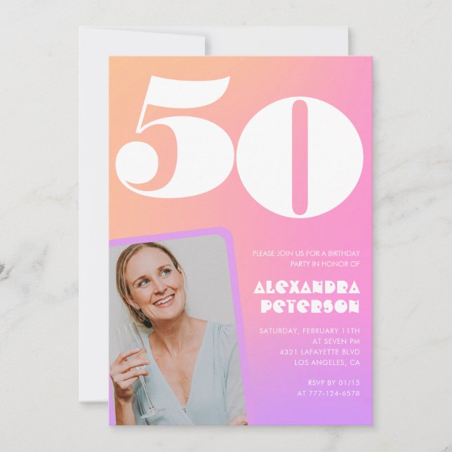 Rosa 50-årsinbjudningar Retro Photo Inbjudningar (Framsida)