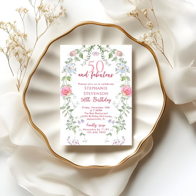 Rosa 50 & Fantastisk 50-års Garden Tea Party Inbjudningar (Skapare uppladdad)