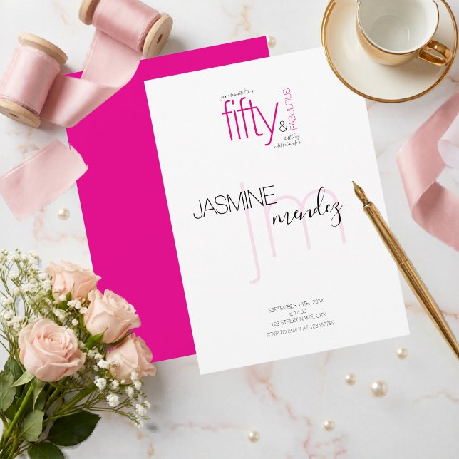 Rosa 50 & Fantastisk Monogram modern födelsedag  Inbjudningar (Skapare uppladdad)