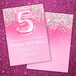 Rosa 5-års inbjudan Flicka Rosa glitter