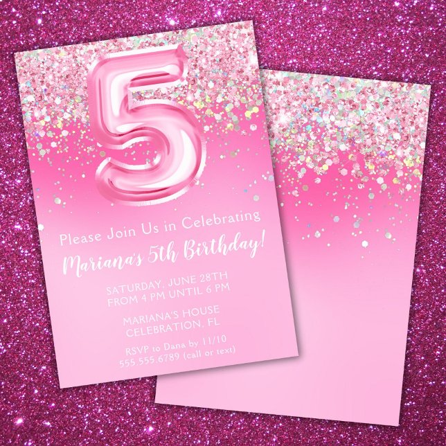 Rosa 5-års inbjudan Flicka Rosa glitter (Skapare uppladdad)