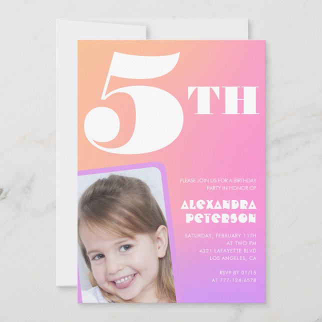 Rosa 5-års inbjudningar Färgglad Foto (Framsida)