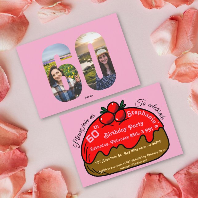 Rosa 60-årsfest chokladdonut efterrätt  inbjudningar (Skapare uppladdad)