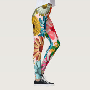 Rosa 60s Retro MOD Färgfyllande Hippie Daisy Flow Leggings