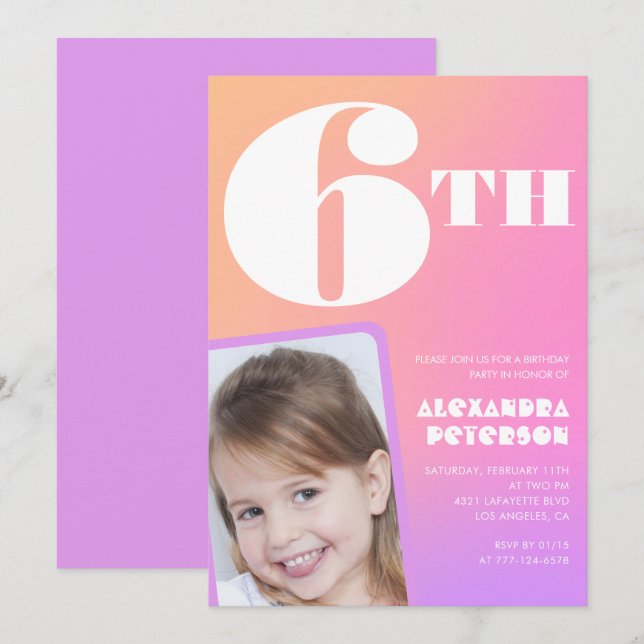 Rosa 6-års inbjudan Färgglad bild (Fram/baksida)