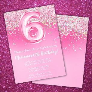 Rosa 6e födelsedagsinbjudan Girly Rosa Glitter Inbjudningar