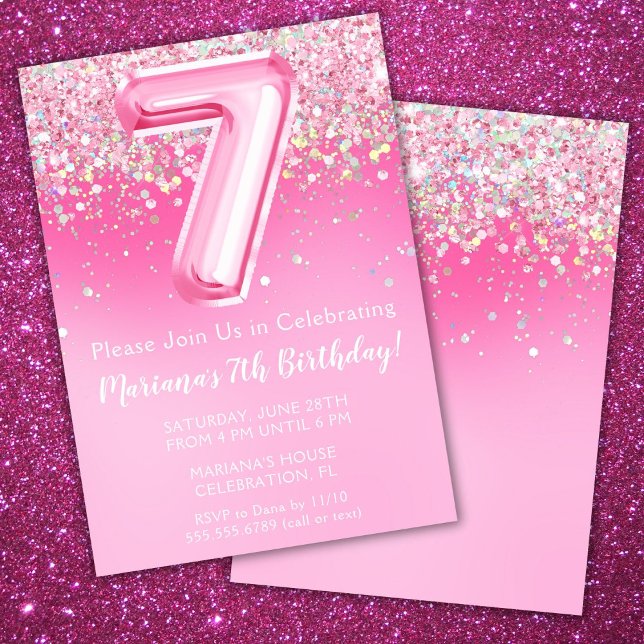 Rosa 7-års inbjudan flicka rosa glitter (Skapare uppladdad)