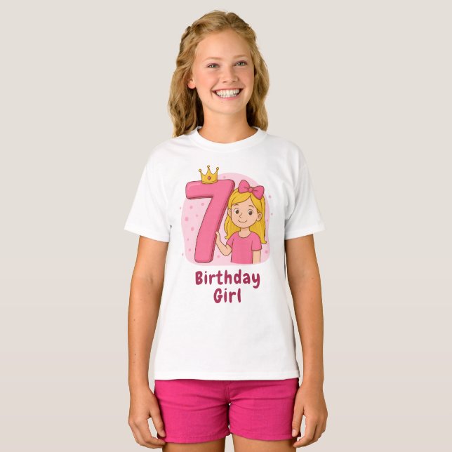 Rosa 7:e Birthday Girl with Krona and Bow T Shirt (Hel framsida)