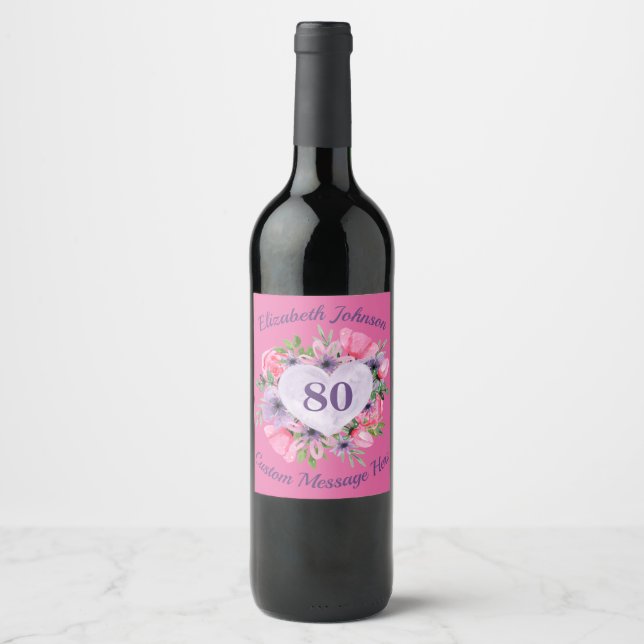 Rosa 80:e födelsedag Vin Flaska Vinflaska Etikett (Framsida)