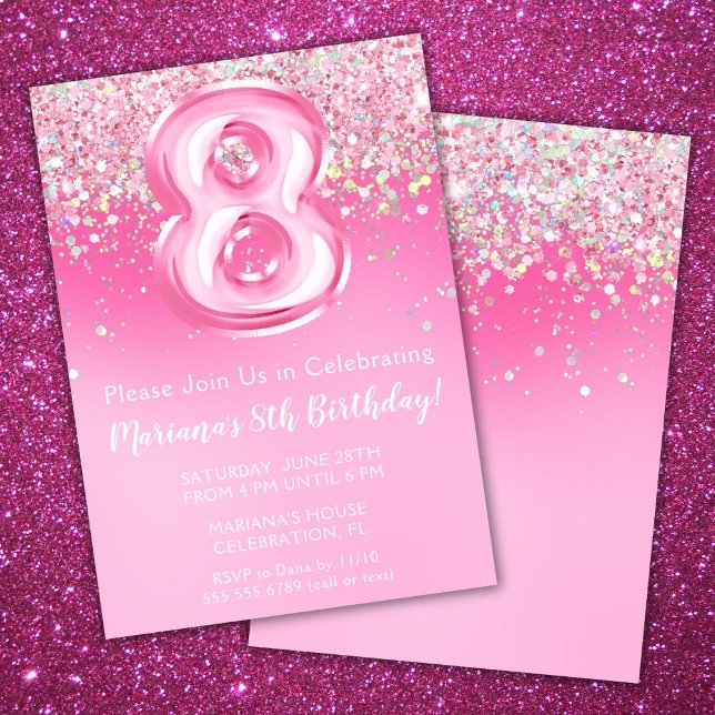 Rosa 8-års inbjudan för flickor med rosa glitter (Skapare uppladdad)