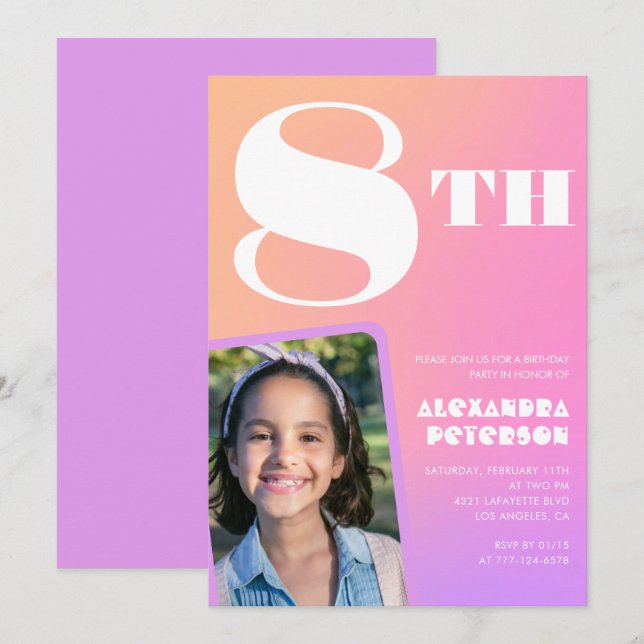 Rosa 8:e födelsedagsinbjudningar Färgfoto Inbjudningar (Fram/baksida)