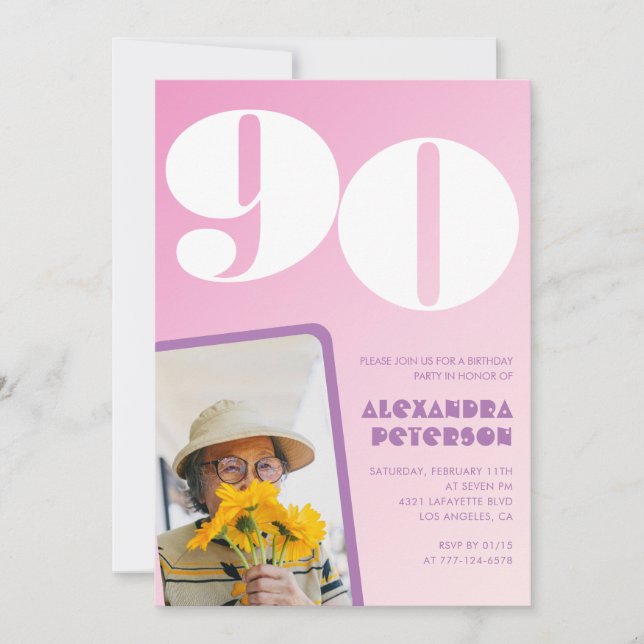 Rosa 90:e födelsedagsinbjudningar Retro Photo Inbjudningar (Framsida)