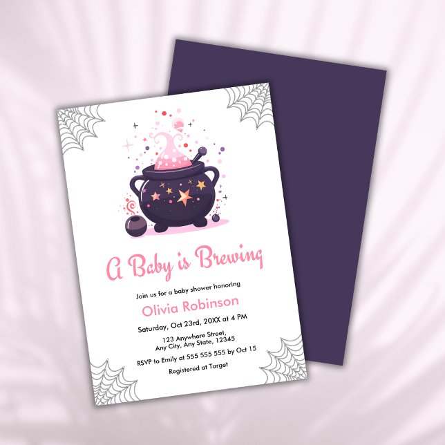 Rosa A Baby brinner Halloween Baby Shower Inbjudningar (Pink A Baby is Brewing Cauldron Halloween Girl Baby Shower Invitation  )