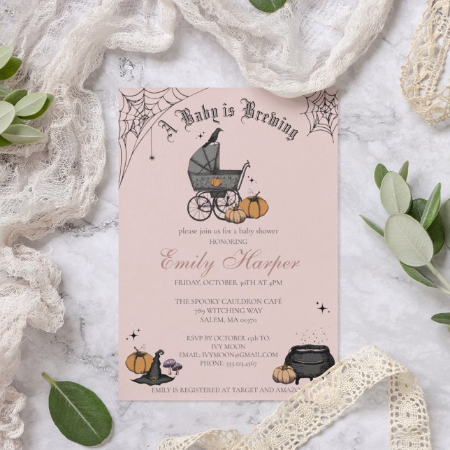  Rosa A Baby håller på att blåsa babyskor Inbjudningar (Elegant and Spooky Victorian Baby Carriage Custom Baby Shower Invitattion in a Chic Blush Pink.)