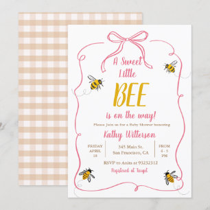 Rosa A Sweet Little HonungsBee Gingham Baby Shower Inbjudningar