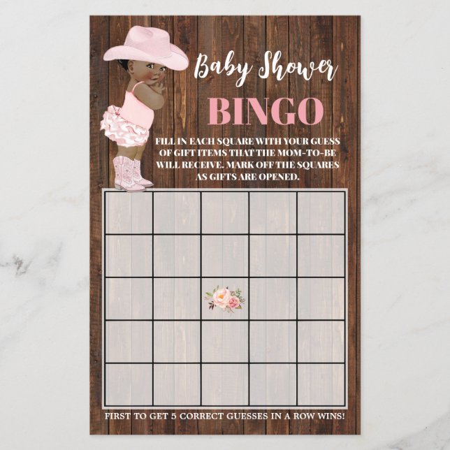 Rosa AA Cowgirl Baby Shower Bingo Game Card Flyer (Framsidan)