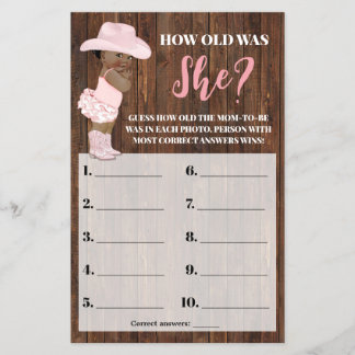 Rosa AA Cowgirl Hur gammal var hon Baby Shower Gam Flygblad