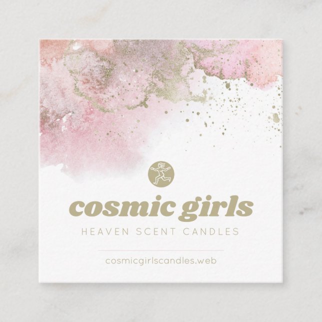 Rosa Abstrakt Art med Guld-dekortecken Fyrkantigt Visitkort (Framsida)