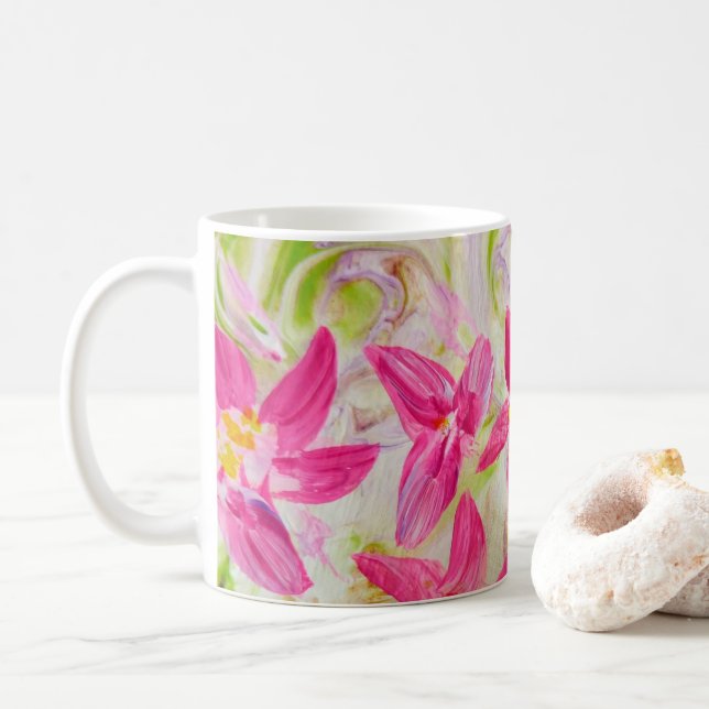 Rosa Abstrakt Blommigt Kaffemugg (Med munk)