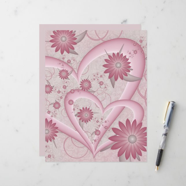 Rosa Abstrakt Hearts & Flowers Kärlek Fractal Art (Fram/Back In Situ)