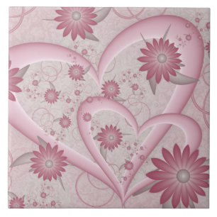 Rosa Abstrakt Hearts & Flowers Kärlek Fractal Art Kakelplatta