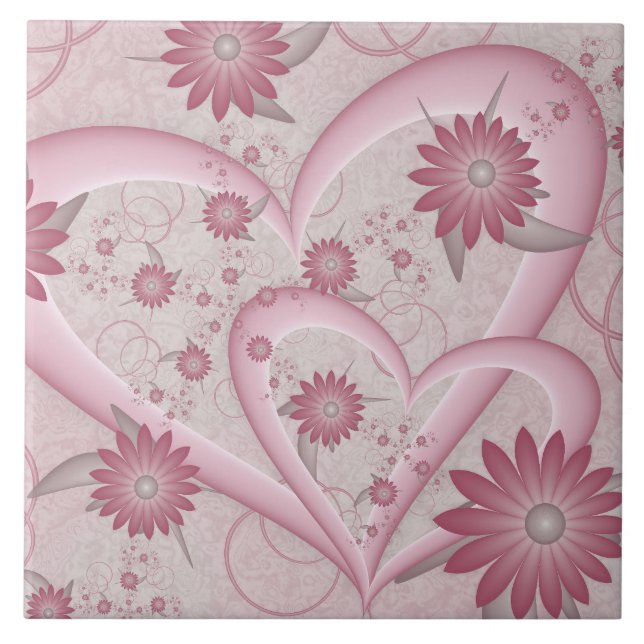 Rosa Abstrakt Hearts & Flowers Kärlek Fractal Art Kakelplatta (Framsidan)